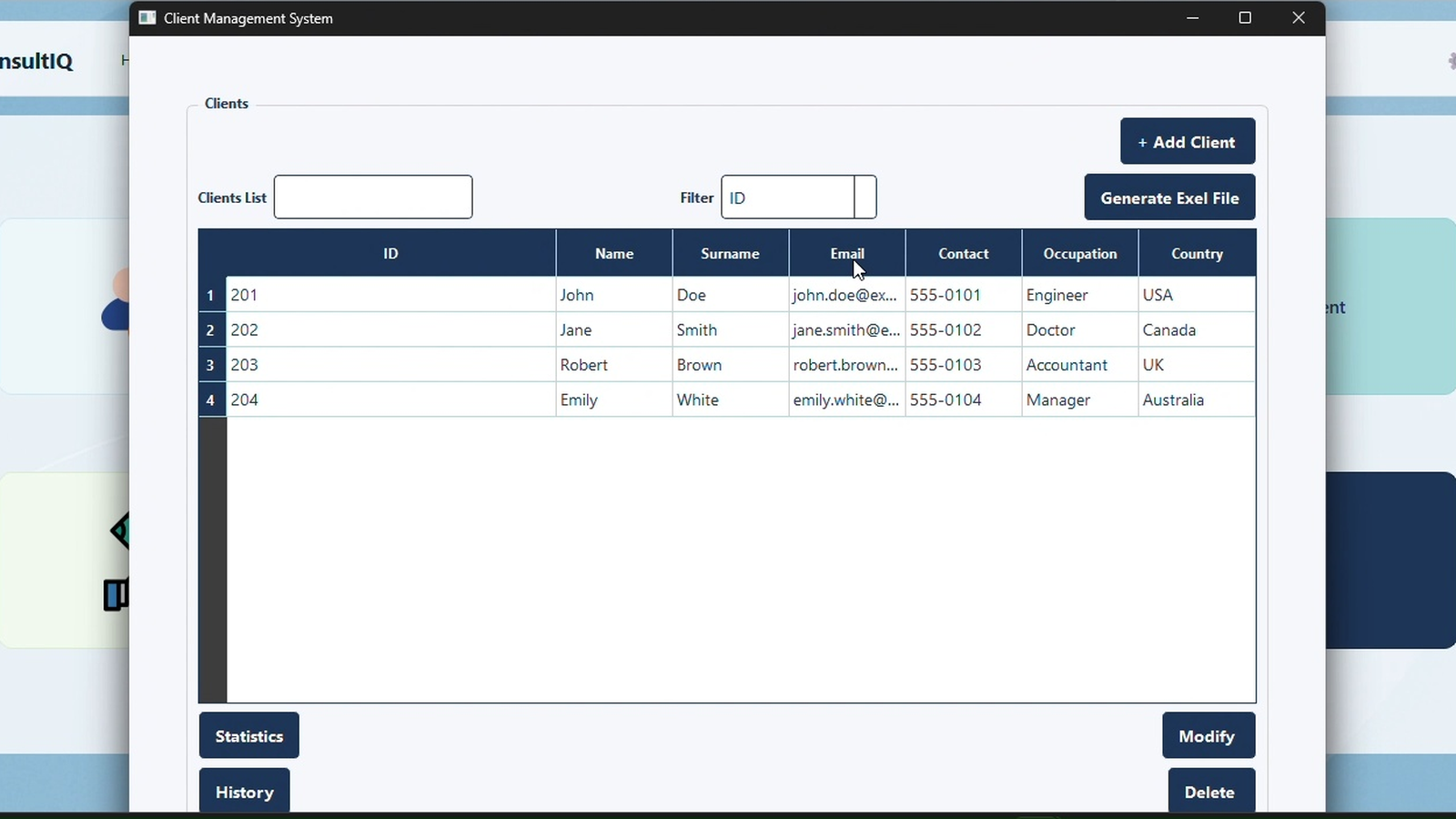 Screenshot of the ConsultIQ consulting-firm desktop application