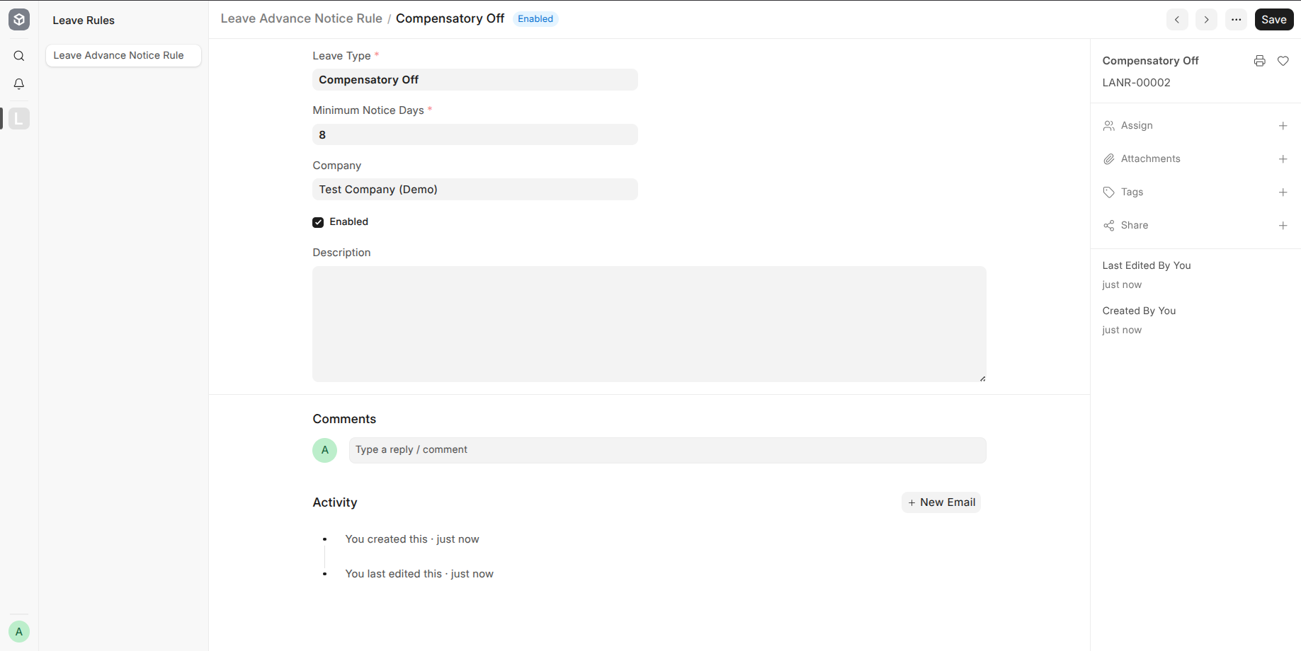 Frappe HRMS form configuring a ten-day advance-notice rule for Privilege Leave