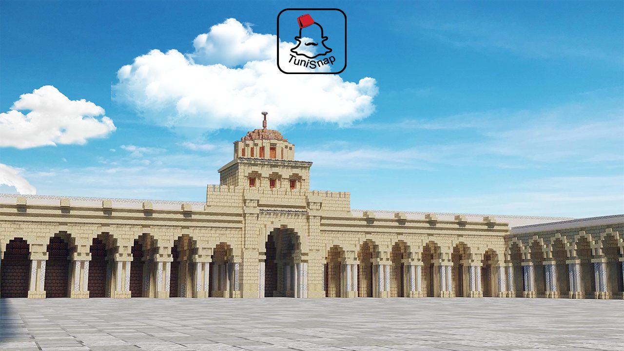 Tunisnap 2D platformer title screen — a fez-wearing mascot over a Tunisian mosque courtyard